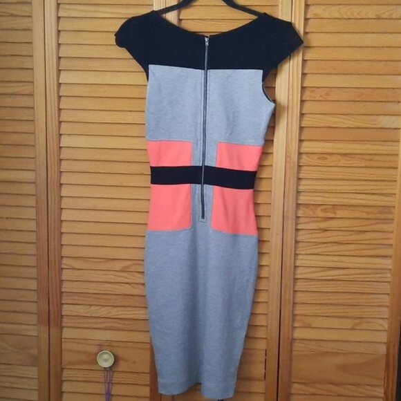 French Connection Black Coral Heather Grey Color Block Cap Sleeve Pencil Dress 4 - Picture 2 of 7